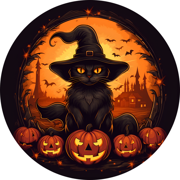 Black Cat With Bats On Pumpkin Metal Sign (Choose size)