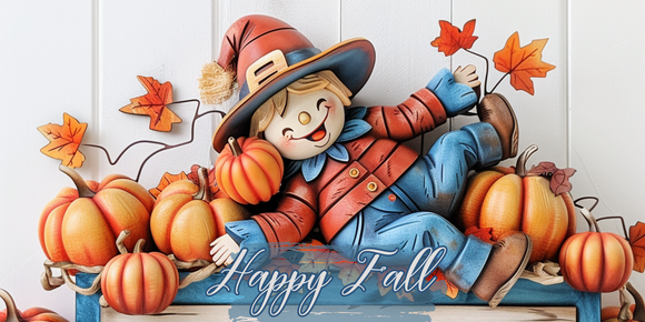 12x6 Happy Fall Wood Scarecrow Metal Sign