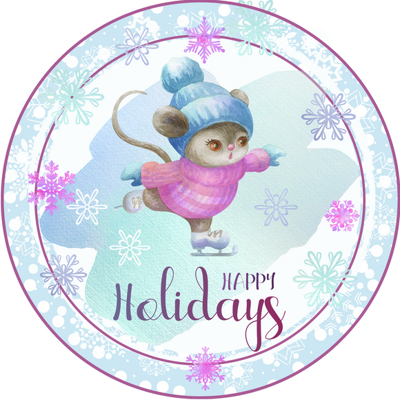 Ice Skating Mouse Happy Holidays Metal Wreath Sign (Choose Size)