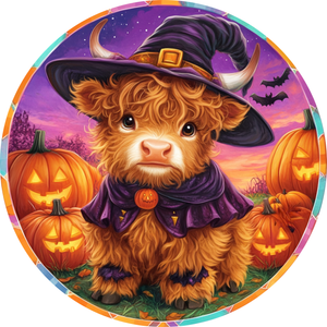 Purple Skies Highland Cow Witch Metal Sign (Choose Size)