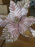 11"L Velvet/Glitter Poinsettia Stem Rose Gold