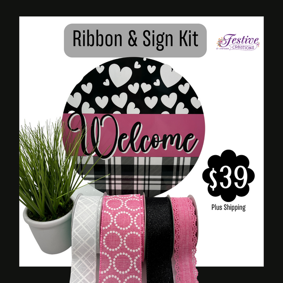 Welcome Pink Hearts Ribbon and Sign Wreath Kit (No Frame)