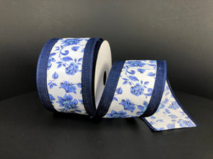 2.5"X10YD Blue Toile/Navy Linen Edge