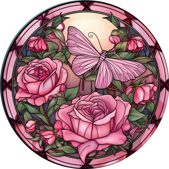 Butterfly Pink Roses Metal Round Sign (Choose size)