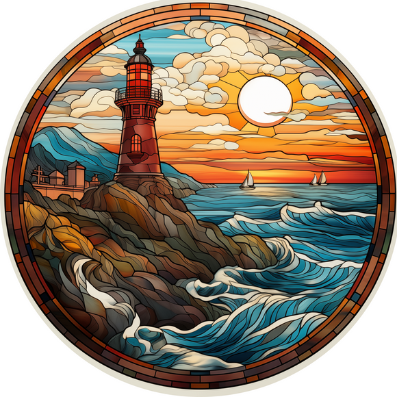 Nautical Sunset Lighthouse Faux Stained Glass ( Choose Size)