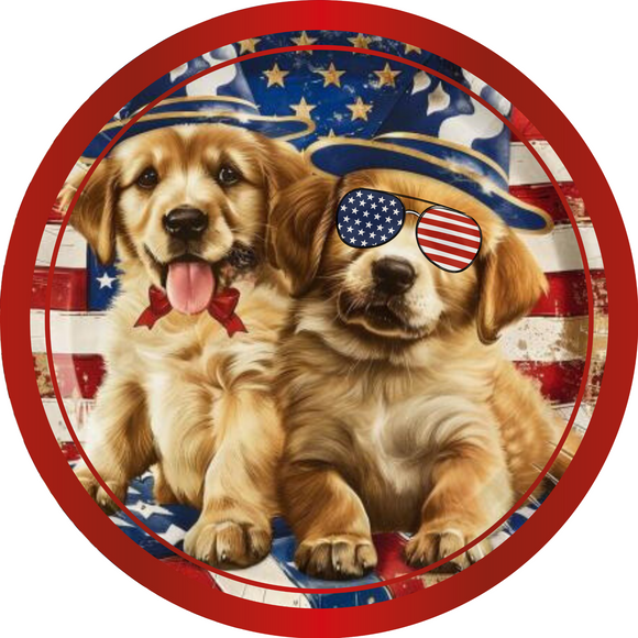 Patriotic Puppies Metal Sign - Golden Retrievers Round Metal Sign (Choose Size)