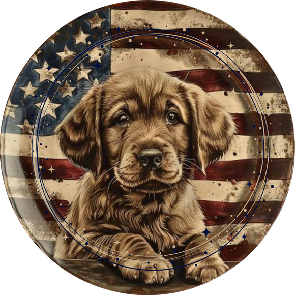 Adorable Vintage Patriotic Puppy Round Metal Sign (Choose Size)