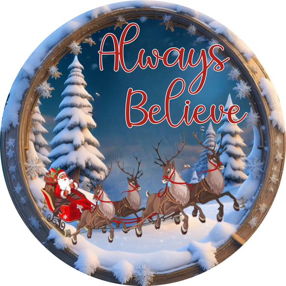 Always Believe Santa Sleigh Metal Wreath Sign