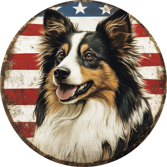 American Pride Sheltie - Vintage USA Flag Metal Wreath Sign (Choose Size)