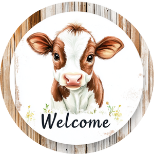 Barnyard Welcome Metal Wreath Sign - Adorable Brown Baby Cow (Choose Size)