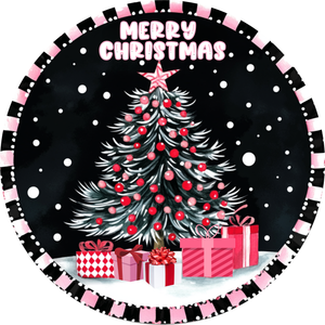 Pink/ Red Christmas Tree Metal Sign (Choose Size)