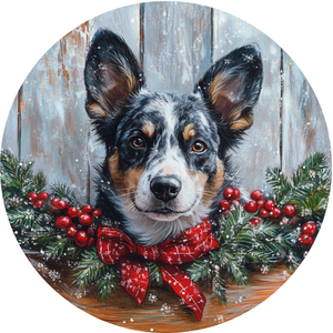 Holiday Cheer Blue Heeler Metal Wreath Sign