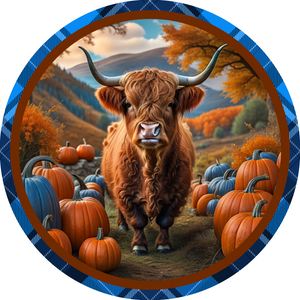 Blue Plaid Autumn Highland Cow (Choose Size)