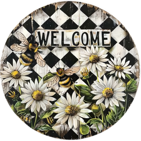 Bumblebee Checker Wood Welcome Metal Sign (Choose Size)