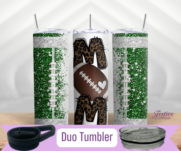 Green Football Mom Faux Glitter 20oz Duo Tumbler (Personalized Optional)