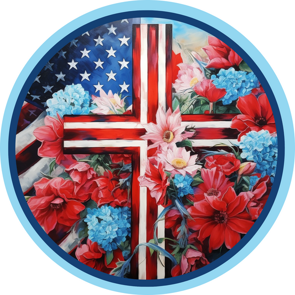 Patriotic Floral Stripe Cross Flag Round Metal Sign (Choose Size)