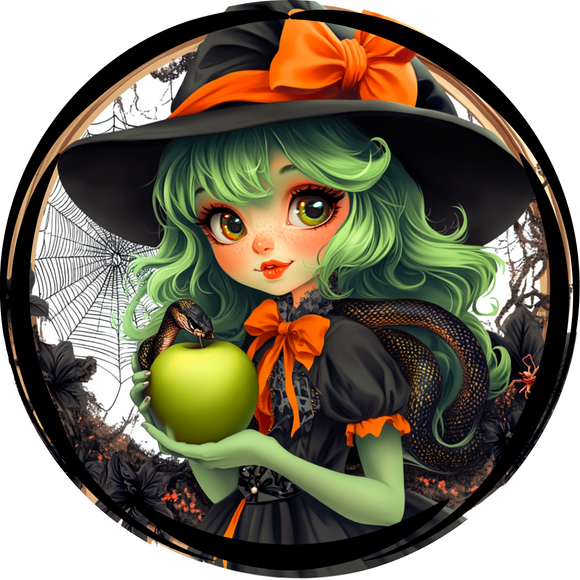 Cute Green Witch with Snake Metal Sign (Choose Size)