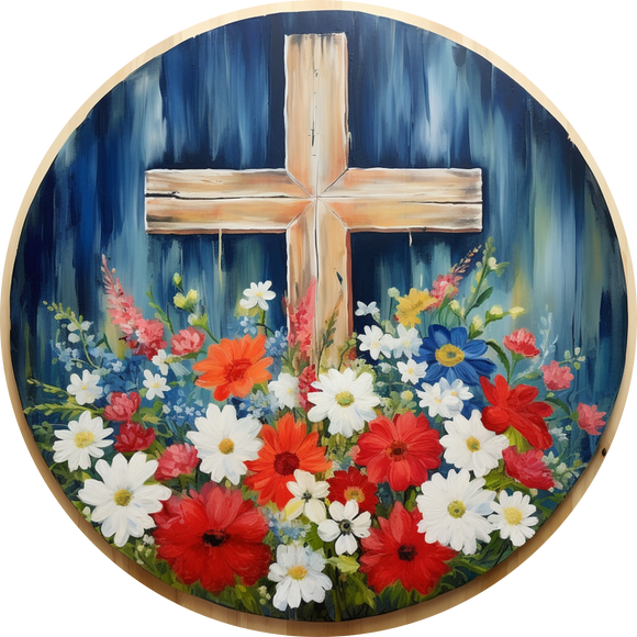 Patriotic Cross Red, White, & Blue Round Metal Sign (Choose Size)