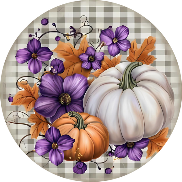 Elegant Purple Flower Check Pumpkin Metal Sign (Choose Size)