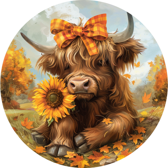 Fall Highland Cow Metal Round Sign (Choose size)