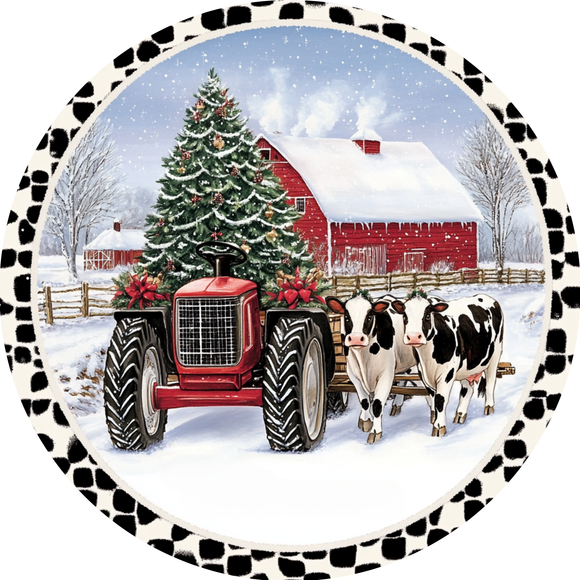 Farmhouse Christmas Charm Red Tractor and Cows Metal Sign (Choose Size)