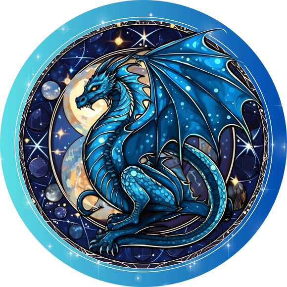 Mystical Dragon Blue Metal Round Sign (Choose size)