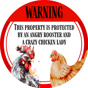 Warning Angry Rooster & Crazy Chicken Metal Sign (Choose Size)