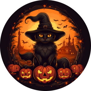 Black Cat With Bats On Pumpkin Metal Sign (Choose size)