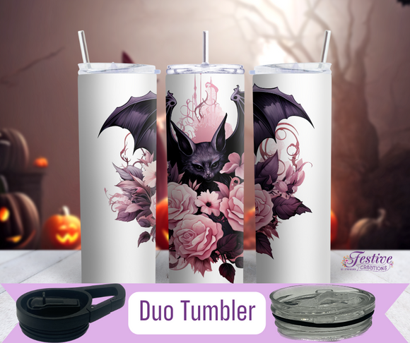 Roses and Bats Pink and Black Halloween Tumbler (Personalized Optional)