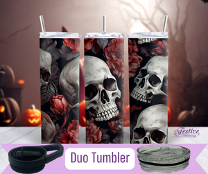 Creepy Skulls Dark Red, Black Roses Halloween 20 oz. Tumbler (Personalized Optional)
