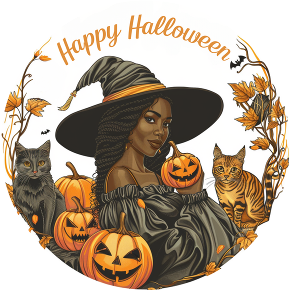 Happy Halloween African American Witch and Cat Metal Sign (Choose size)