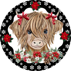 Round Cute Christmas Cow & Poinsettia Metal Sign (Choose size)
