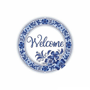 8"Dia Metal Welcome Floral Sign White/Blue