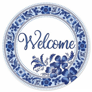 12"Dia Metal Welcome Floral Sign White/Blue