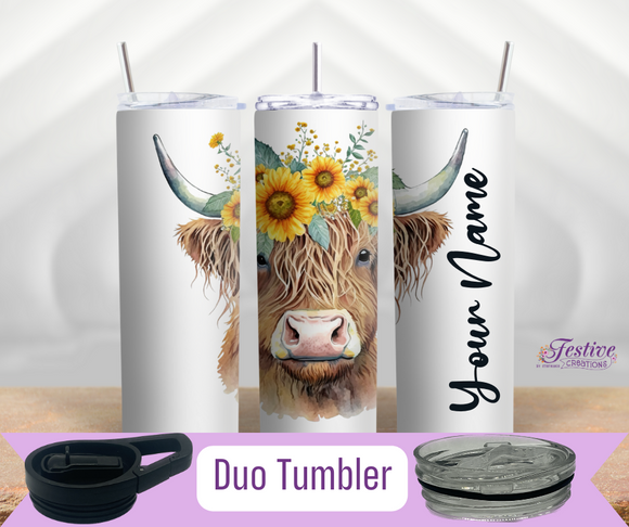 Sunflower Highland Cow Head Thermal Tumbler ( Personalization Option)