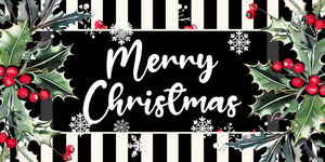 12x6 Black and White Merry Christmas Holly Metal Sign