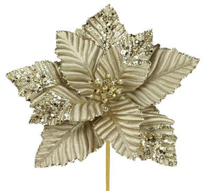 11"L Velvet/Glitter Poinsettia Stem Gold