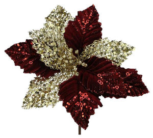 11"L Velvet/Filigree Poinsettia Stem Burgundy/Gold