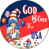 God Bless The USA Gnome Patriotic Metal Round Sign (Choose Color)