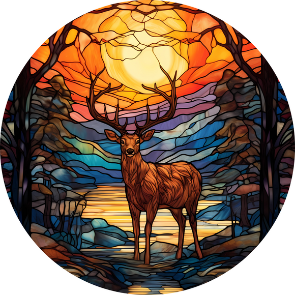 Night Fall Buck Faux Stained Metal Round Sign (Choose size)