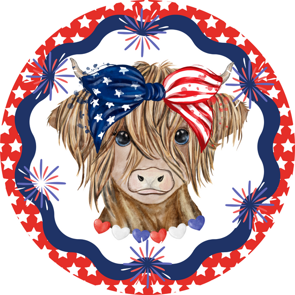 Highland Cow Patriotic Metal Round Sign (Choose size)