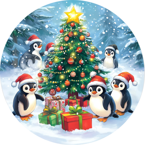 Penguin Family Christmas Celebration Metal Sign (Choose Size)