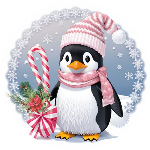 Penguin with Peppermint and Snowflakes (Choose Size)