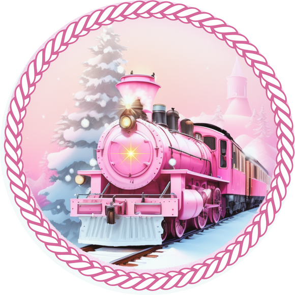 Pink Christmas Train Metal Wreath Sign