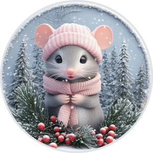 Pink Winter Mouse Metal Wreath Sign (Choose Size)