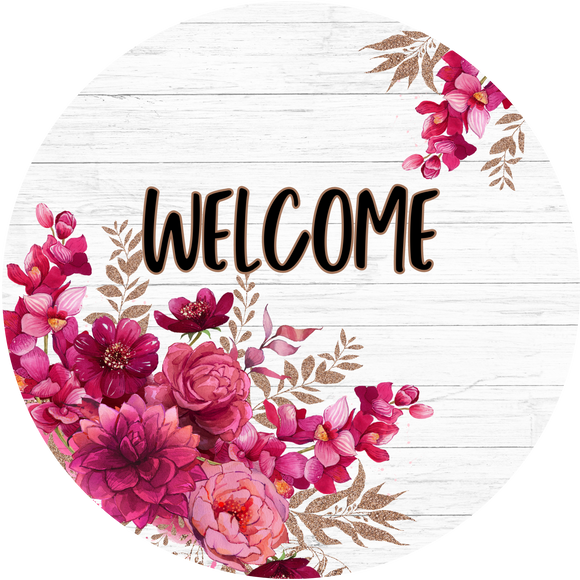 Welcome Pink Floral Wreath Sign (Choose Size)