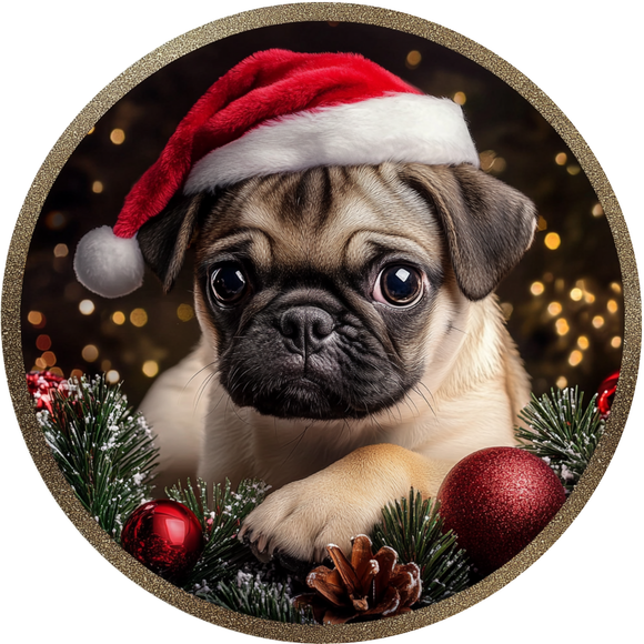 Santa Paw Pug Metal Wreath Sign