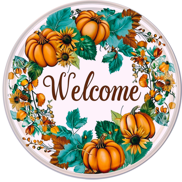 Pumpkin and Sunflower Welcome Metal Sign (Choose size)