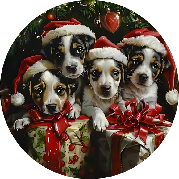 Puppy's First Christmas Metal Wreath Sign - Adorable Santa Pups Decor Choose size)