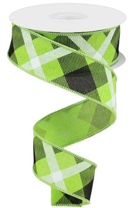 1.5"X10Yd Printed Plaid On Royal Lime/Black/White